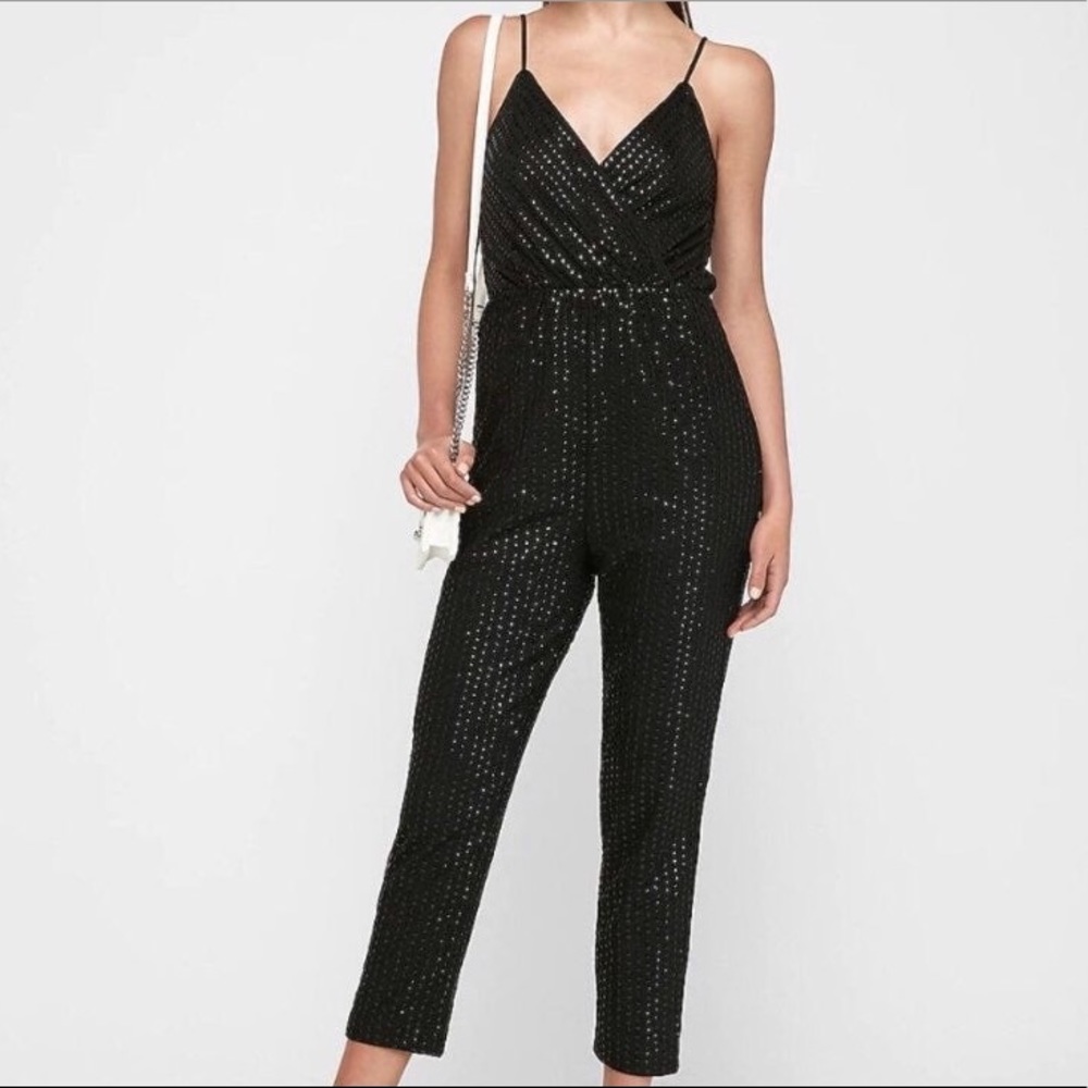 Express Sequin Surplice Jumpsuit in Black [NWT]
